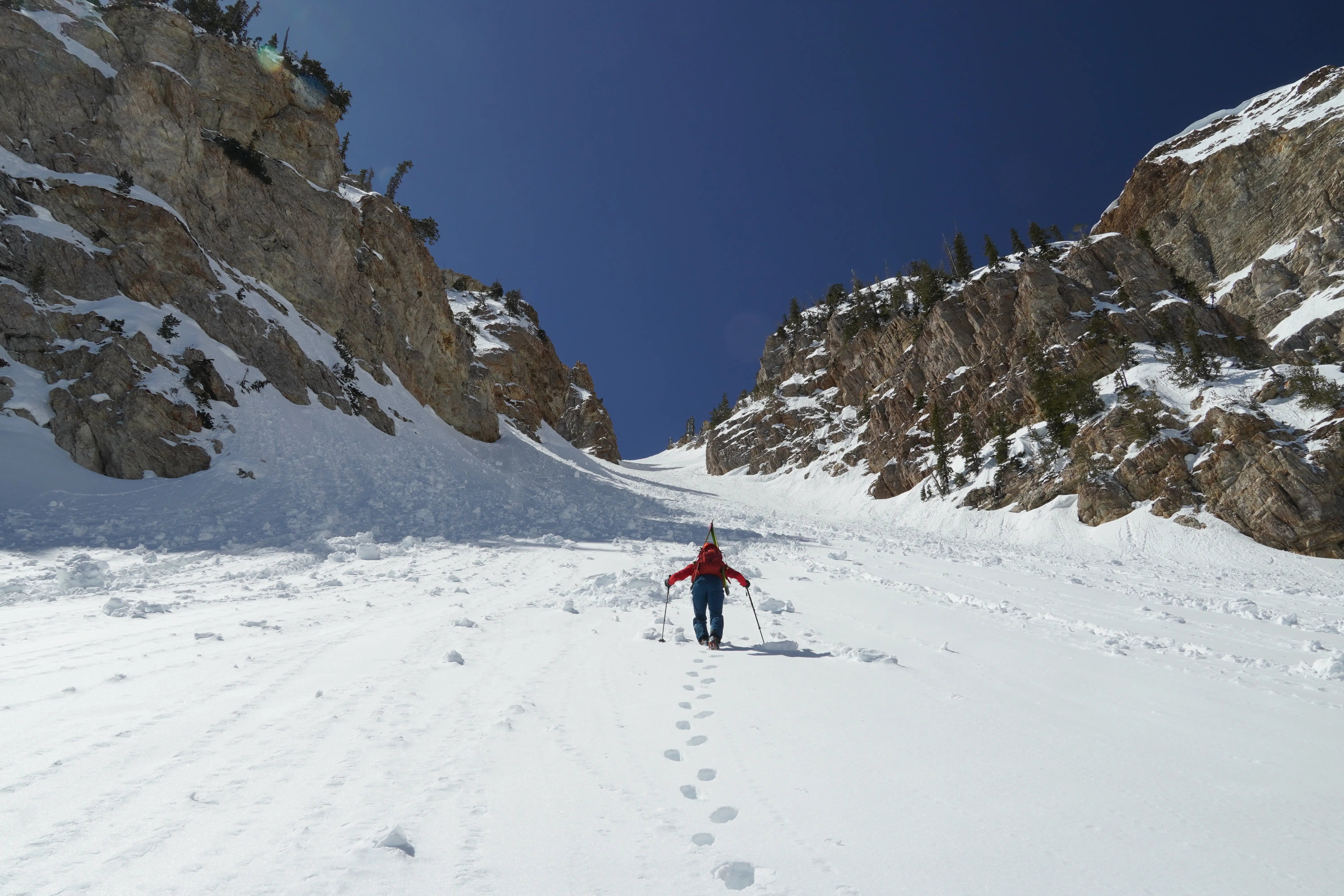 Cooper Stewart booting up the western coulior of Twin Chutes. Stansbury Mountains, Utah. Photo credit: Shane Haynes