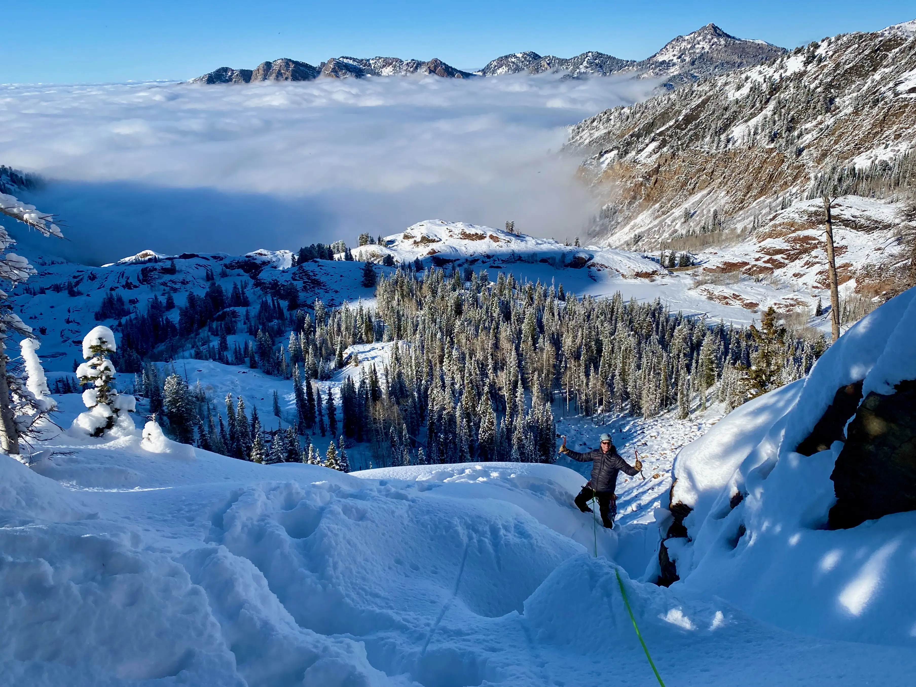 David Haynes jubilant after topping out his first ice climb. Wasatch, Utah. Photo credit: Shane Haynes