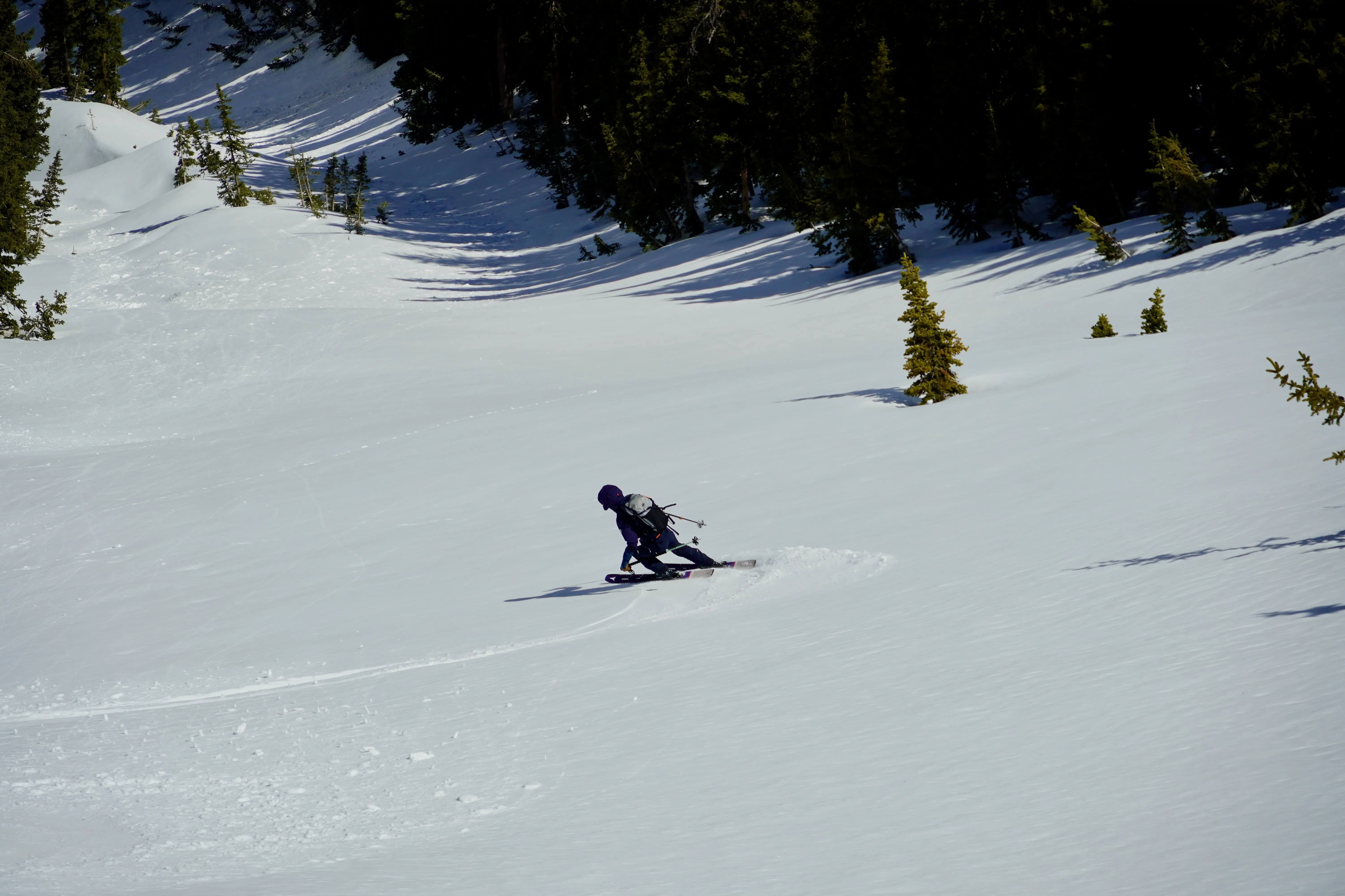 Jordan Evans shredding spring snow on Shotgun Chutes. Wasatch, Utah. Photographed by Shane Haynes