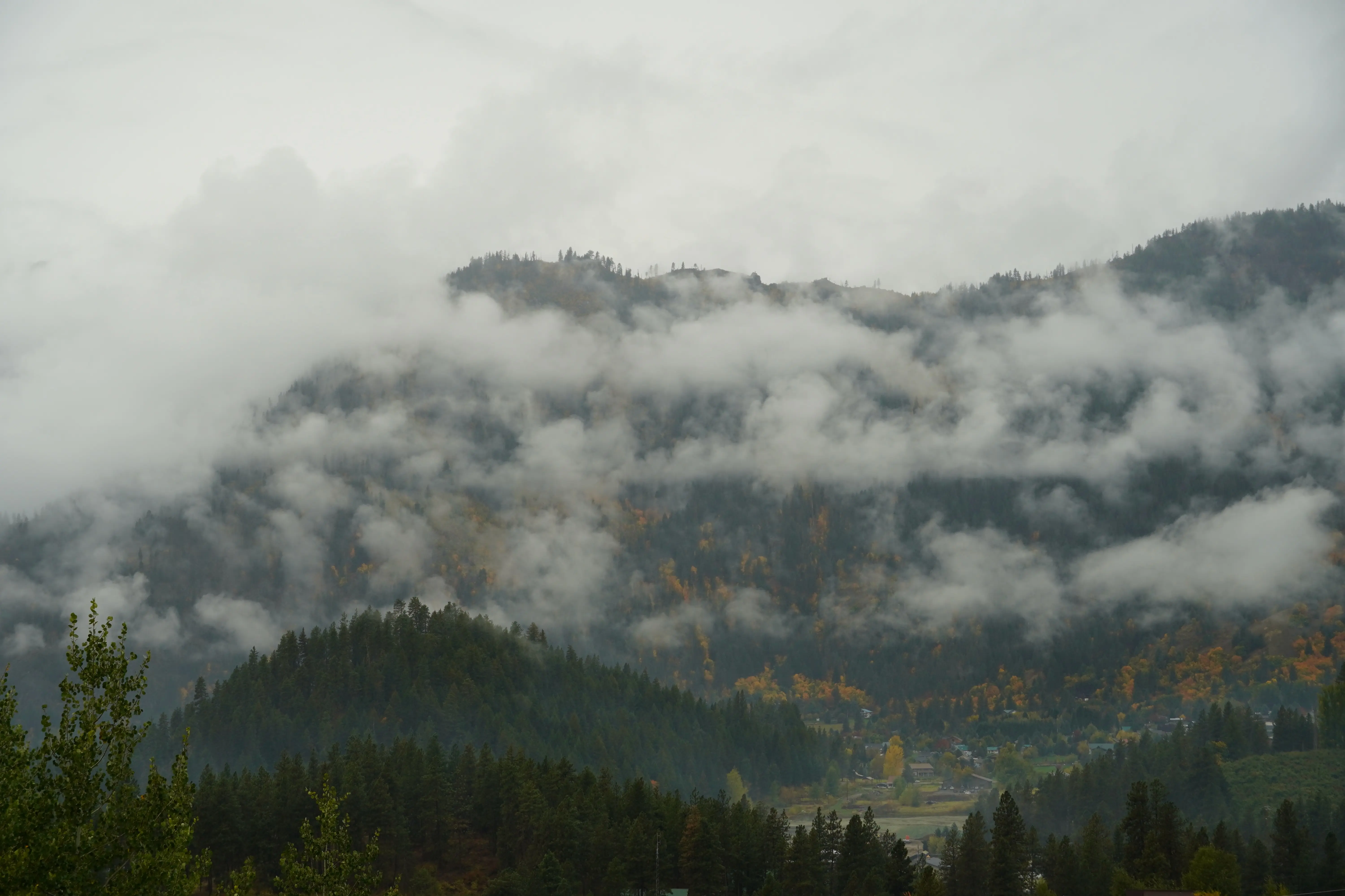 Mountains shrouded in fog. Near Leavenworth, Washington. Photographed by Shane Haynes